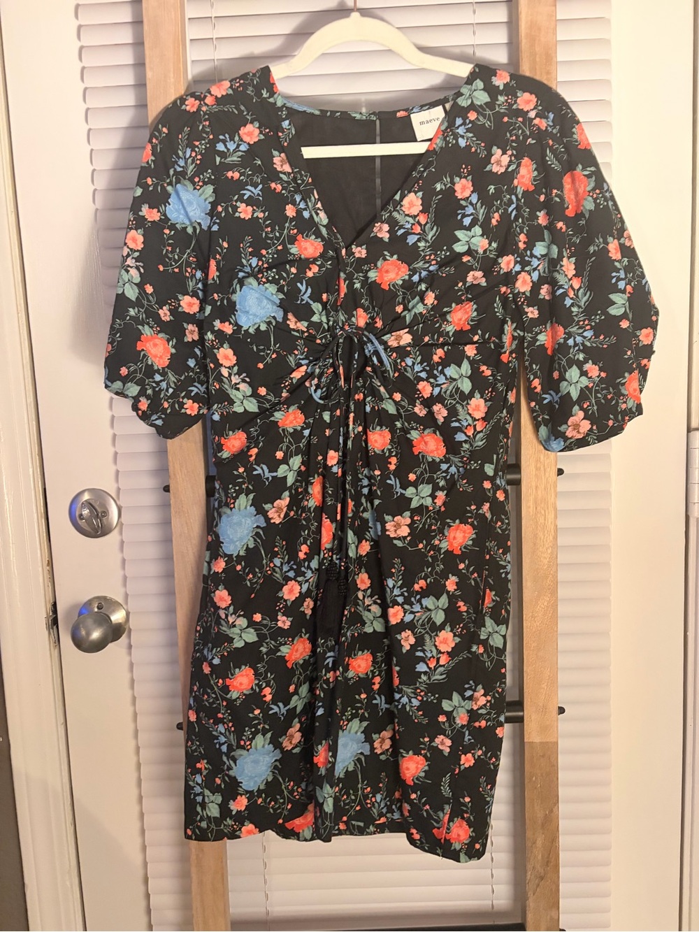Anthropologie Black Floral Tie-Front Mini Dress with Coral & Blue Blooms